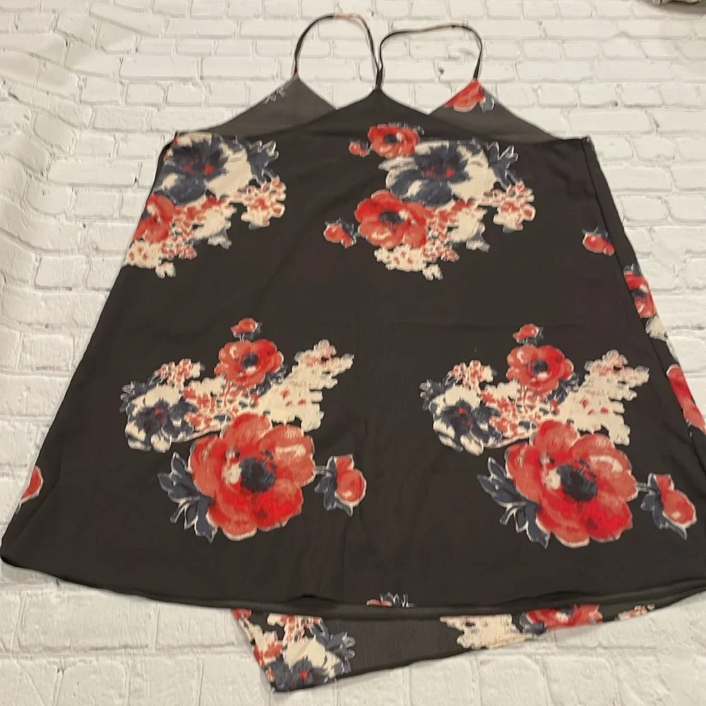 Free People Black Floral Slip Dress with Red & Cream Blooms